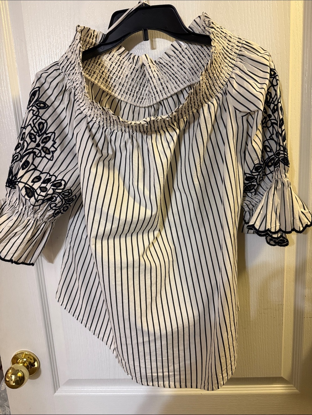 Chico's White Blouse with Black Pinstripes & Embroidered Sleeves